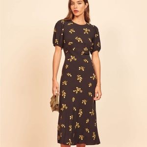 Reformation Fleurs black midi dress with yellow flowers